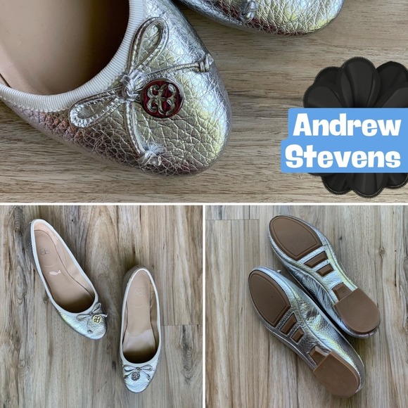 ANDREW STEVENS Cara Silver Leather Ballet Flats Women's Size 7 - Picture 1 of 7